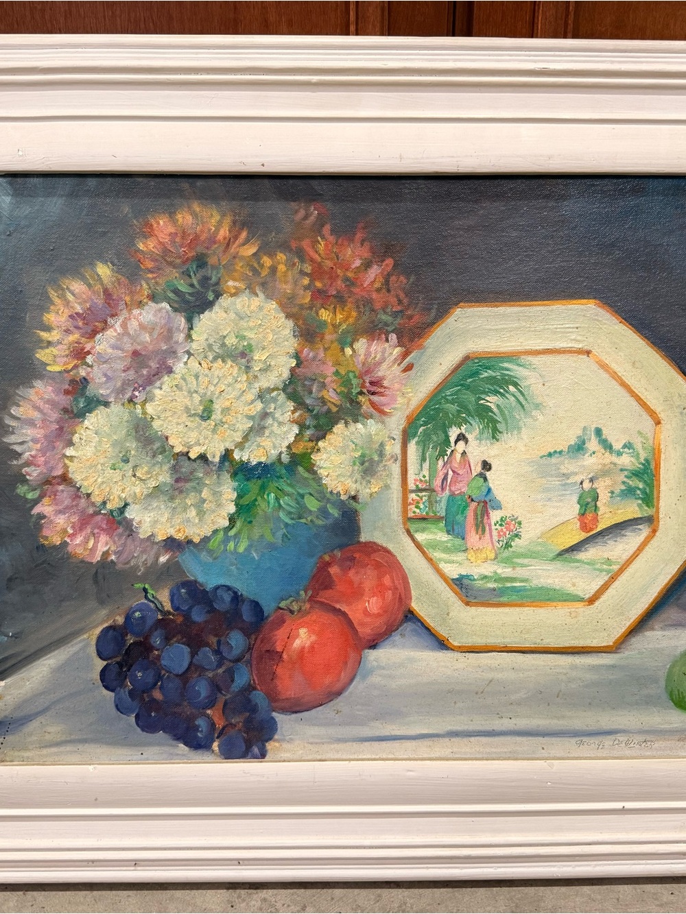 Still Life Floral & Fruit Painting in Blue Vase with White and Pink Blooms.